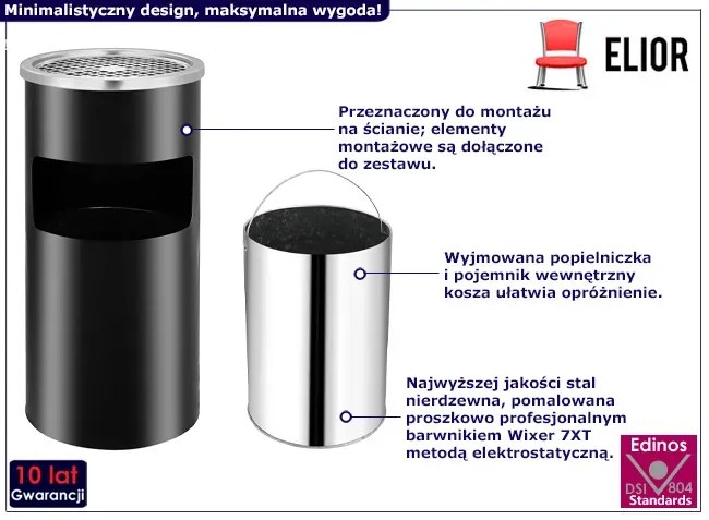 Czarny ścienny kosz na śmieci z popielniczką T7-R82