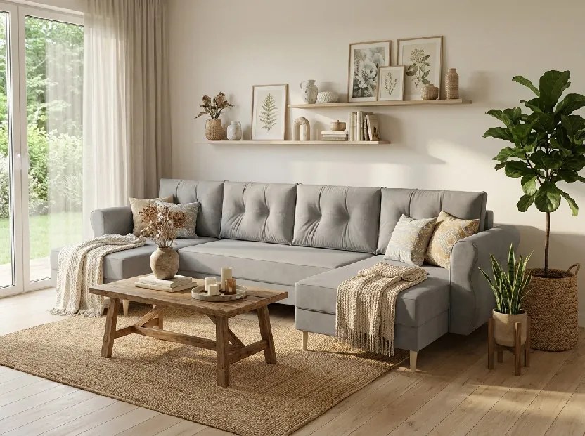 PROMOCJA Rozkładany narożnik w kształcie U SILVIANO 300x140 cm, szary + 2 poduszki GRATIS II. jakość
