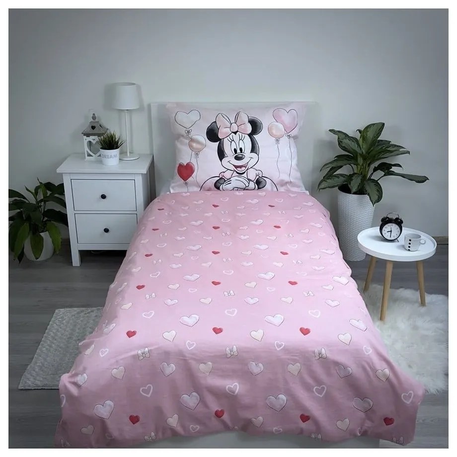 Różowa bawełniana pościel dziecięca jednoosobowa 140x200 cm Minnie "Balloon" – Jerry Fabrics