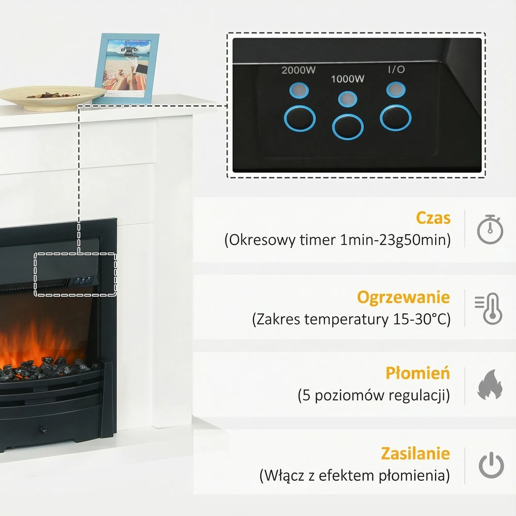 HOMCOM Elektryczny kominek, 2 poziomy mocy, pilot zdalnego sterowania, timer, realistyczny efekt płomienia, Czarny+Biały