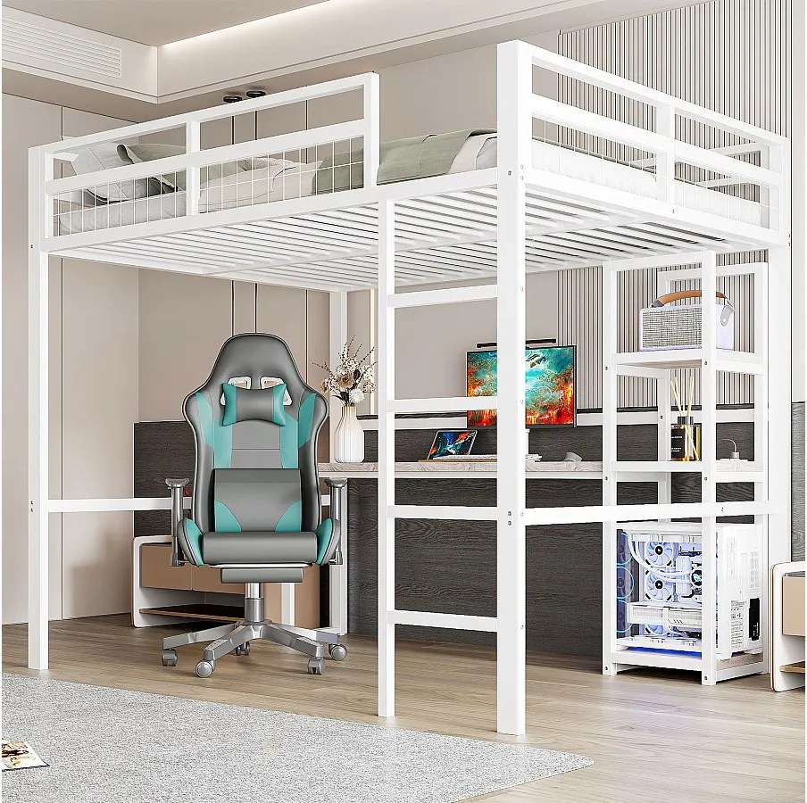 Łóżko piętrowe dla dzieci - 140 x 200 cm - z półkami do przechowywania + biurkiem z gniazdkiem + USB - Metal + MDF - biały