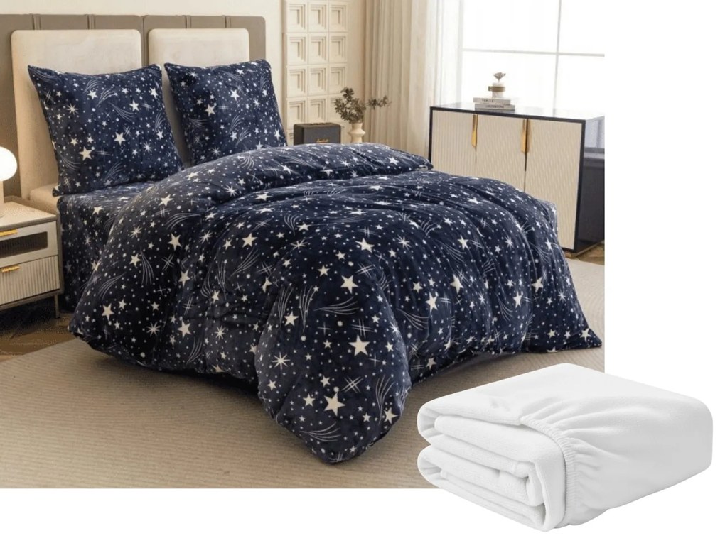 PrzytulneMieszkanie.pl PrzytulneMieszkanie.pl PrzytulneMieszkanie.pl Zestaw pościel z mikropluszu STARLIGHT ciemnoniebieski + prześcieradło z mikropluszu SOFT 90x200 cm białe, łóżko pojedyncze