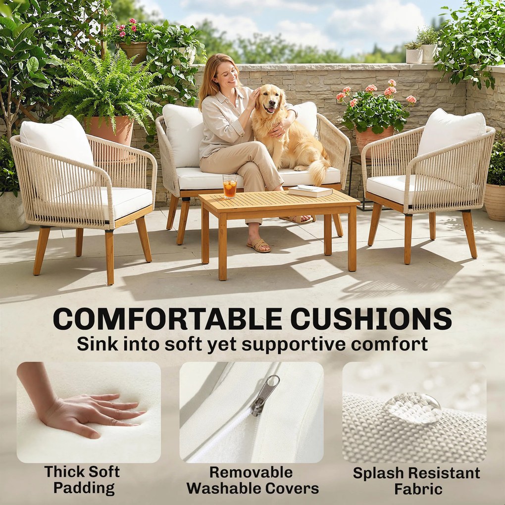 Outsunny Zestaw Mebli Ogrodowych 4-częściowy Rattanowy Zestaw Wypoczynkowy z Sofą Dwuosobową, 2 Fotelami, Stolik z Laminowanym Drewnem Akacjowym, Grube Zdejmowane Poduszki | Aosom PL