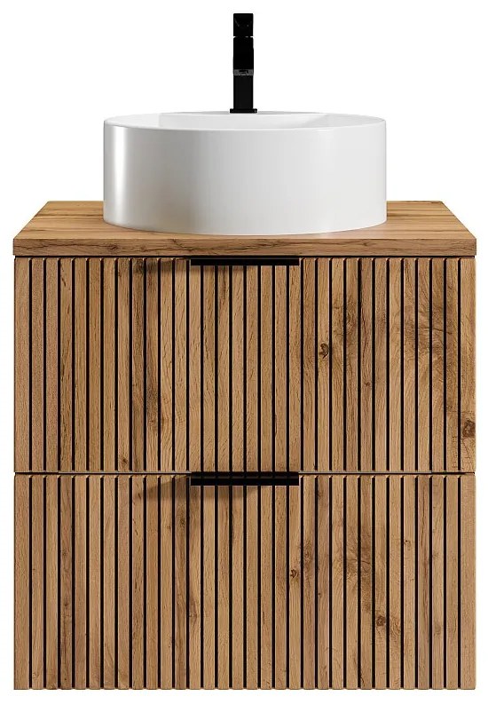 Wisząca szafka łazienkowa z prążkowanym frontem i okrągłą umywalką nablatową – jasny naturalny/ czarny – 60 cm – MADELA