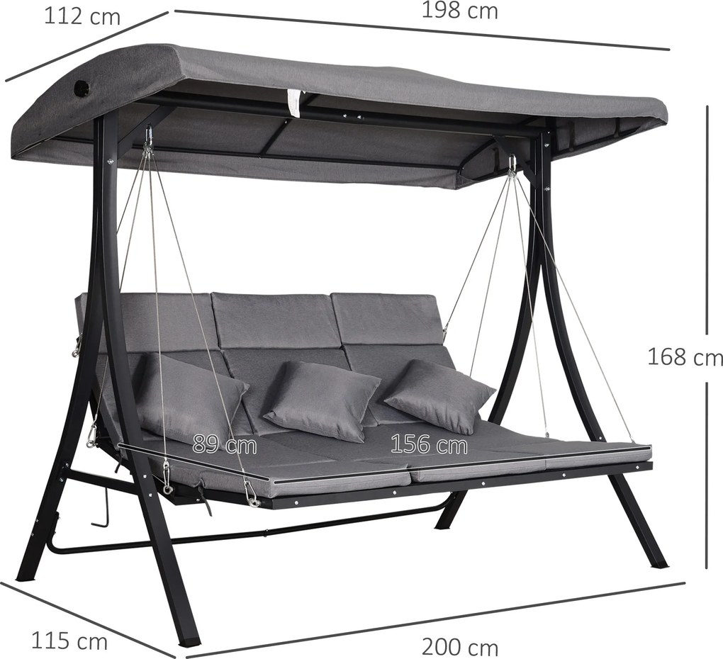 Outsunny Huśtawka Ogrodowa 3-osobowa, w zestawie z poduszkami, odporna na warunki atmosferyczne, 200 cm x 115 cm x 168 cm, Szara