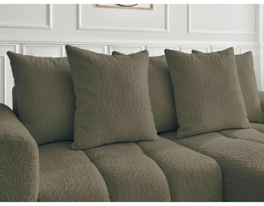 Rozkładany/ze schowkiem narożnik z materiału bouclé (prawostronny/z szezlongiem) w kolorze khaki Roxelane – Bobochic Paris