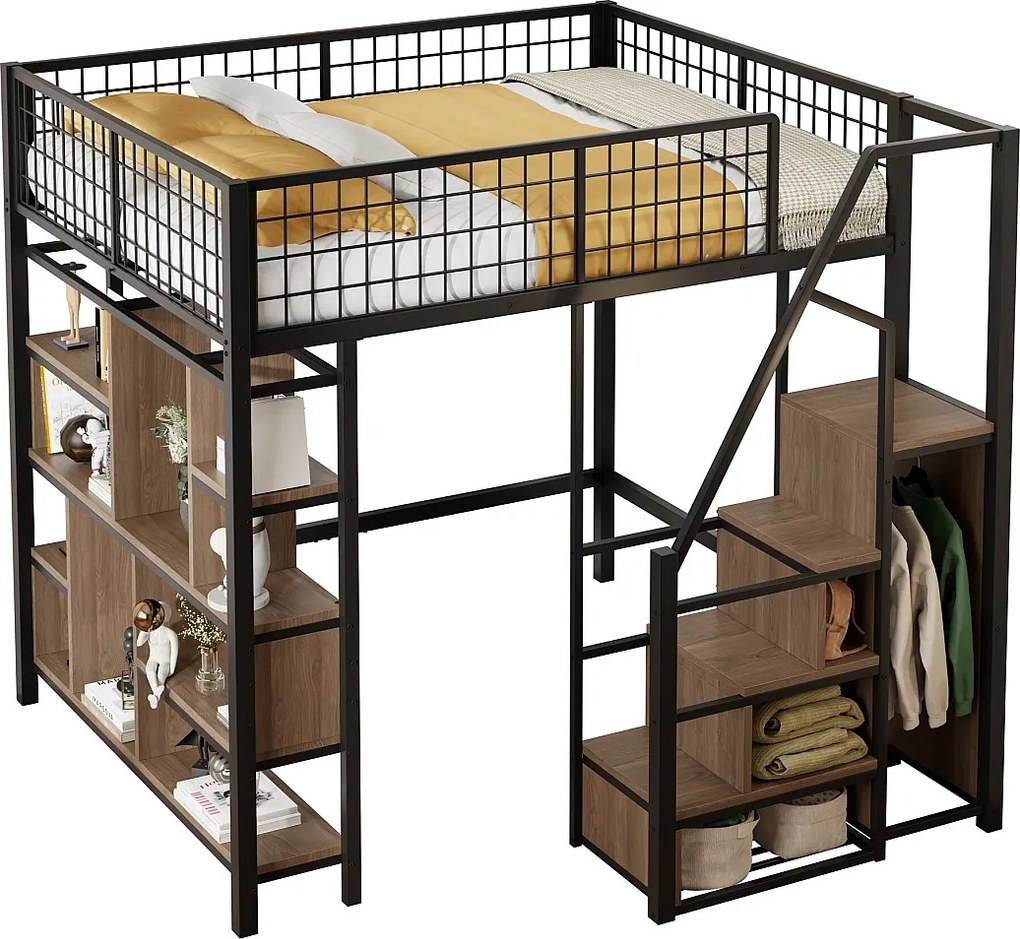 Łóżko piętrowe metalowe dla dzieci - 140 x 200 cm - z szafą + półki + schody - drewno + metal - czarne