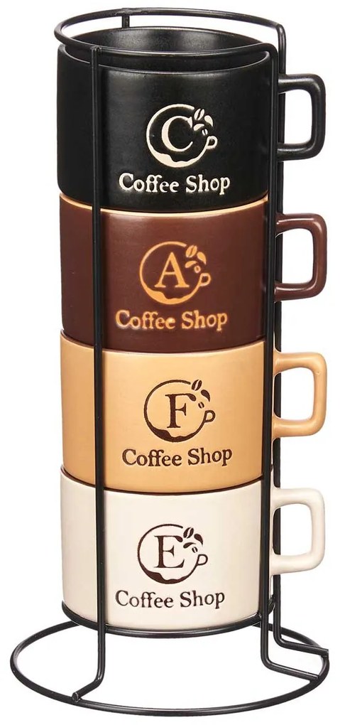 Zestaw 4 ceramicznych kubków na metalowym stojaku COFFEE SHOP, 180 ml