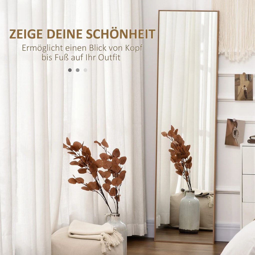 HOMCOM Lusterko Stojące Pełnowymiarowe Srebrne z Jasnobrązową Ramą Eleganckie do Sypialni i Garderoby | Aosom PL