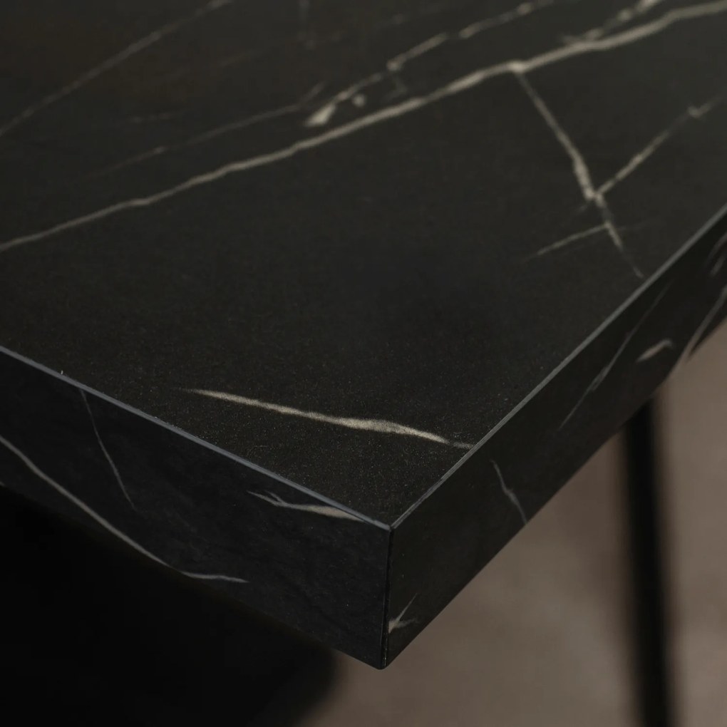 Zestaw Stół Prostokątny Rozkładany CLARK 120-160 cm Czarny Marmur i 4 Krzesła Tapicerowane CORK Czarne Welurowe Loft