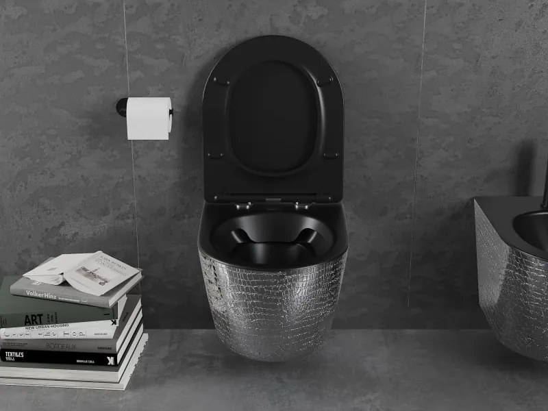 Mexen Lena miska wc Rimless z deską wolnoopadającą slim, duroplast, czarna mat/srebrna wzór łuski - 30224072