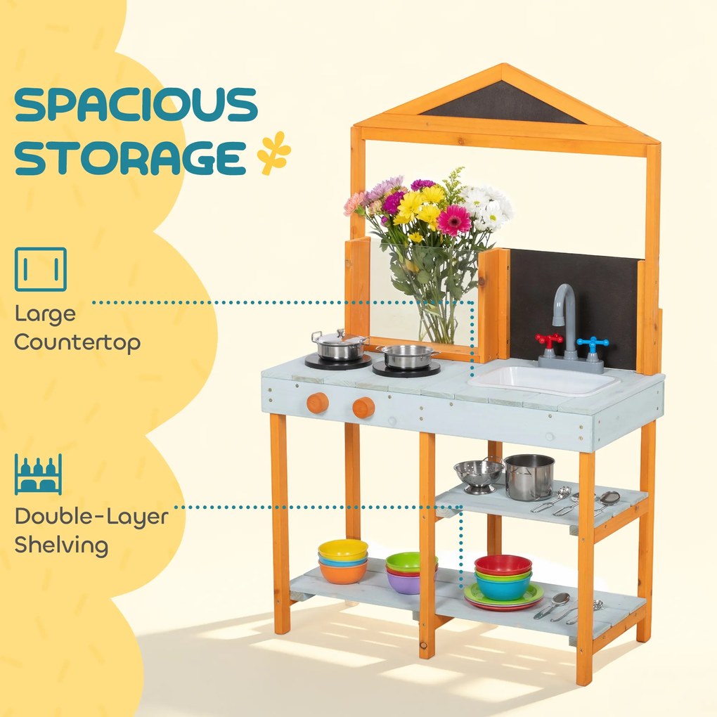 AIYAPLAY Kuchnia do zabawy w błocie dla dzieci, ogrodowa drewniana kuchnia z płytą grzewczą, wyjmowanym zlewem i półkami, dla dzieci 3–8 lat, jasnoniebieska | Aosom PL