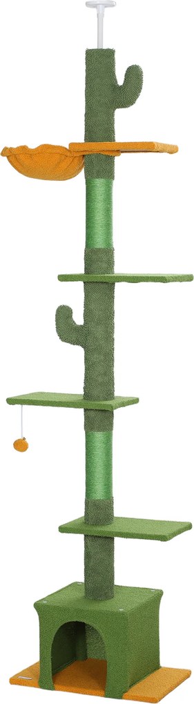 PawHut Regulowany Drapak 230-275 cm, Oszczędzający Miejsce, Centrum Zabaw z Hamakiem, Zielony