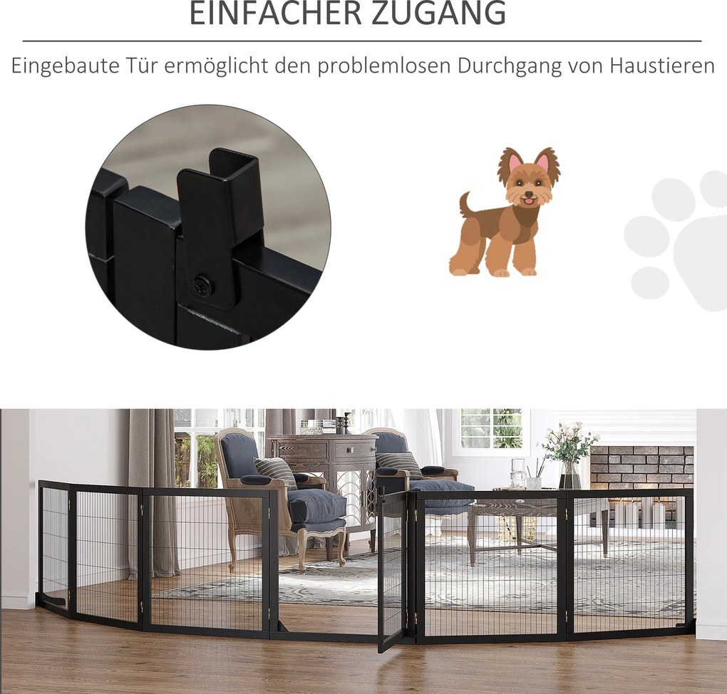 PawHut Barierka Ochronna dla Psów Składana z Drewna Sosnowego i Metalu Czarna 432x36x70cm | Aosom PL