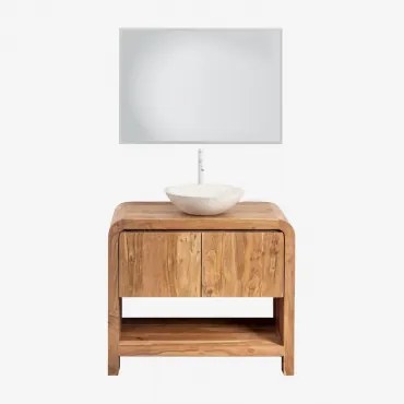 Zestaw Mebli Łazienkowych Z Drewna Vacry Akacja Brąz & Cement Okrągły Biały Ø40 Cm Zavion & Prostokątna Lampa - Sklum