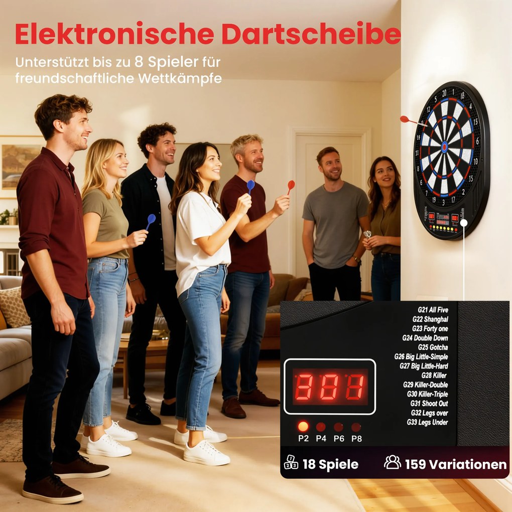SPORTNOW Elektroniczna tarcza do darta dla 1-8 graczy, wyświetlacz LCD, 6 zestawów rzutków, kolorowa | Aosom PL