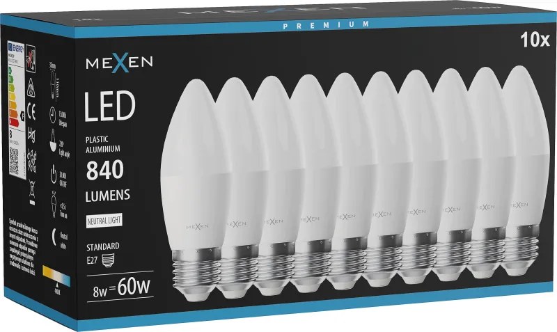 Mexen Nova 10x żarówka LED E27, C37, 8W, Neutralna - 4000K, 840 lm - L102-E27-0840-01x10
