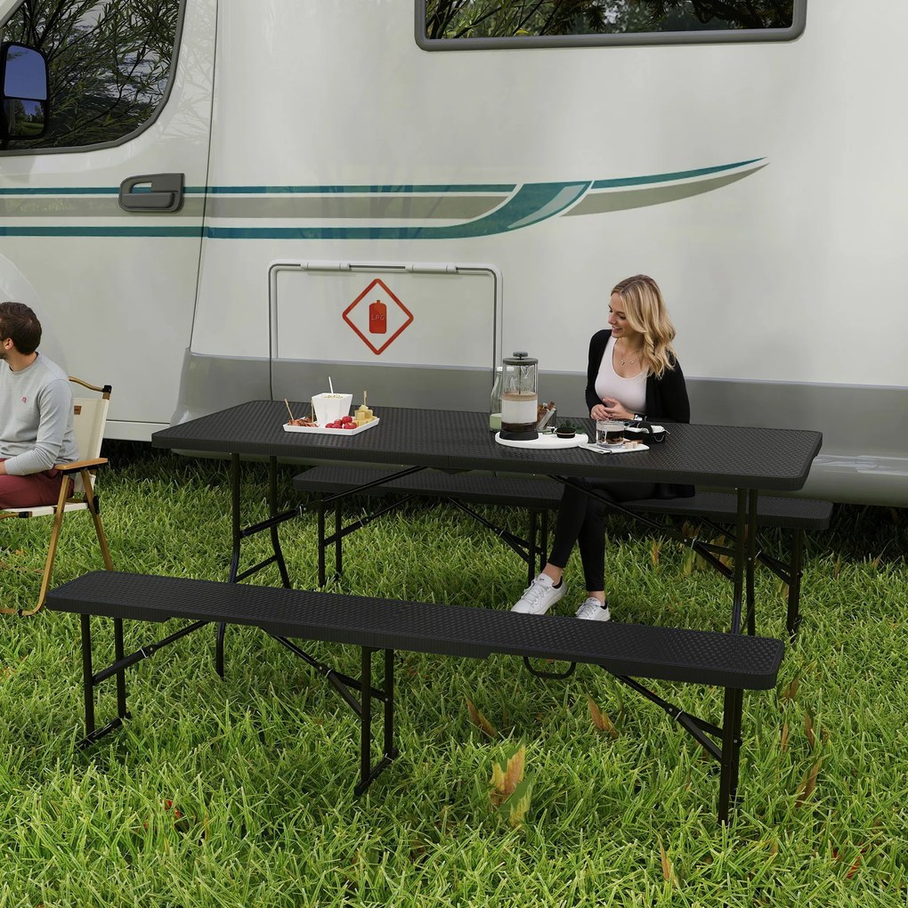 Outsunny Stół Piknikowy i Ławki, 3-częściowy Zestaw, Składany, Tworzywo Sztuczne, Metal, Czarny