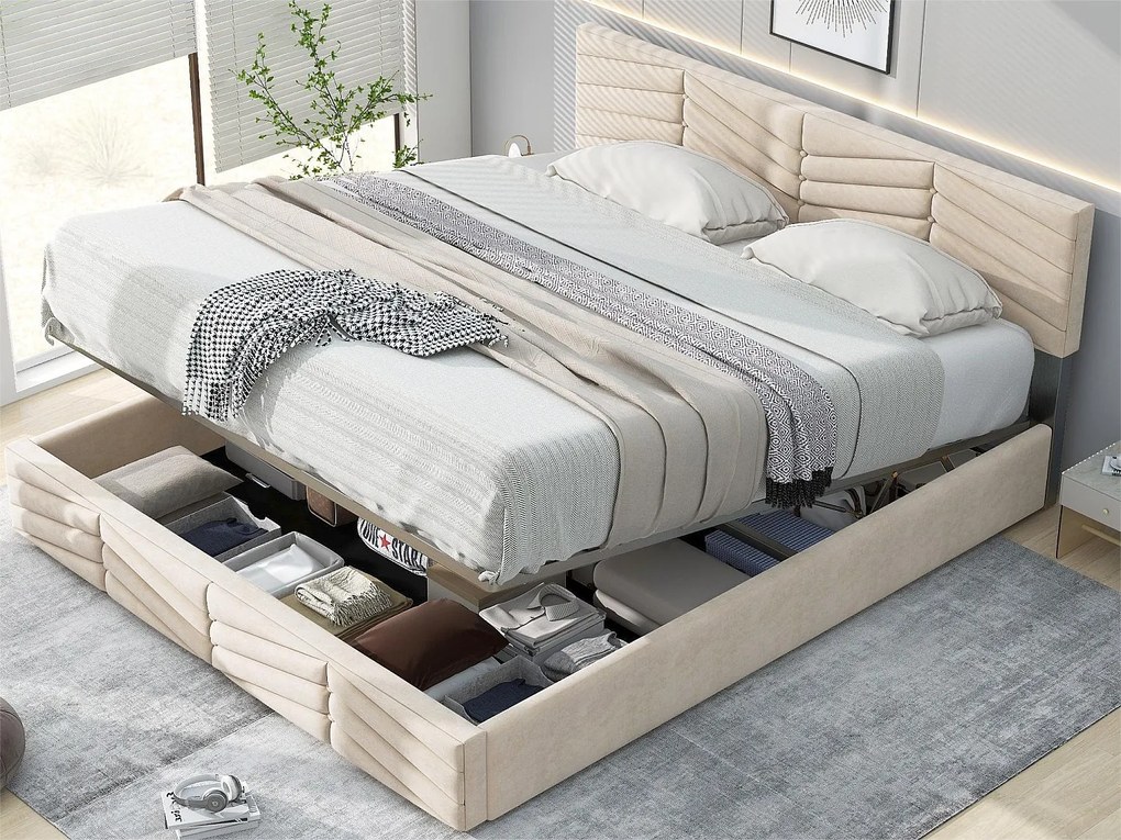 Łóżko ze schowkiem 140 x 200 cm - aksamit - stelaż listwowy - regulowany zagłówek - styl nowoczesny - beż