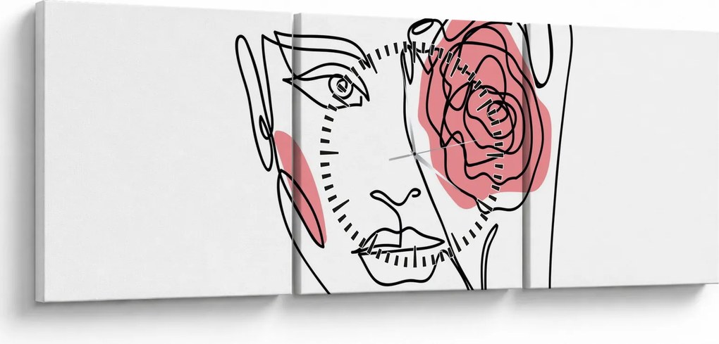 Obraz - Line art twarz z różą (z zegarem) (90x30 cm)