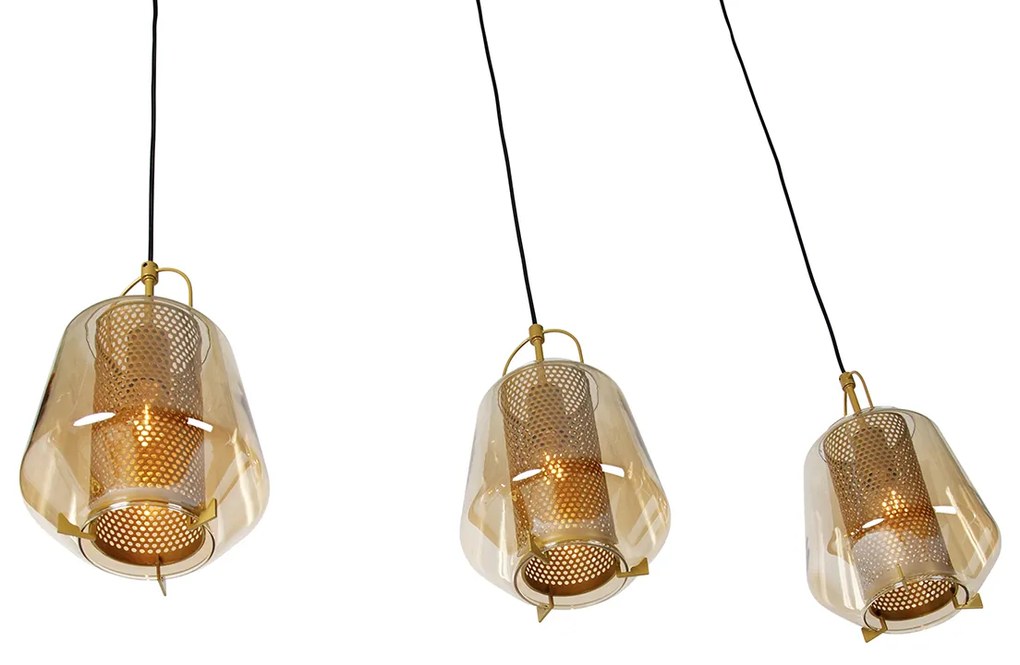 Lampa wisząca złota z bursztynowym szkłem 23 cm owalna 3-światłowa - Kevin ArtDeco Oswietlenie wewnetrzne