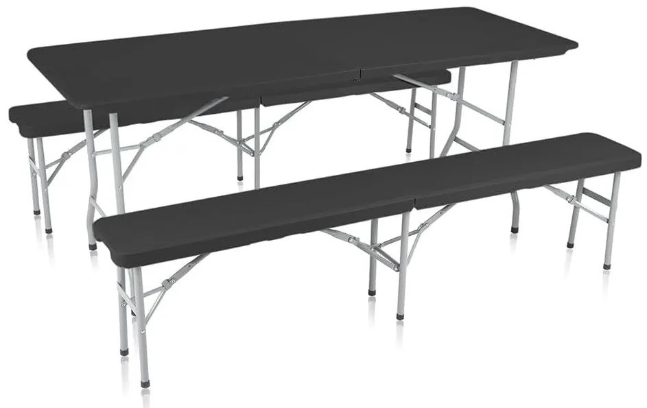 Zestaw mebli cateringowych stół + 2 ławki składany do ogrodu prostokątny tworzywo sztuczne kolor czarny