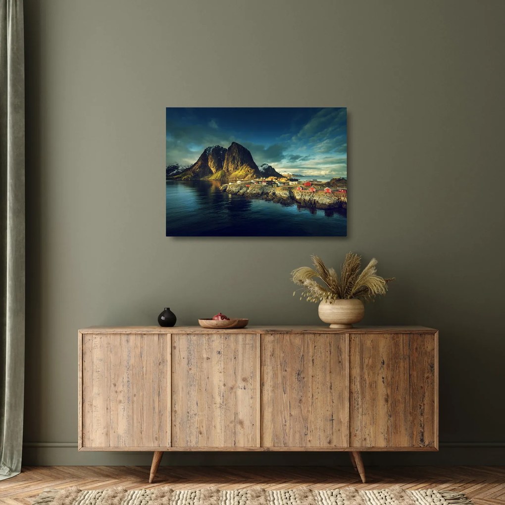 Obraz na szkle wioski rybackiej w Norwegii (70x50 cm)