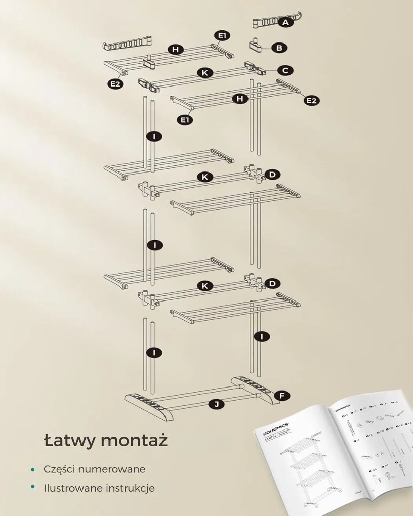 Suszarka na pranie ELTON z 4 poziomami na kółkach, 63,5x128x173cm,biały/szary SongmicsHome