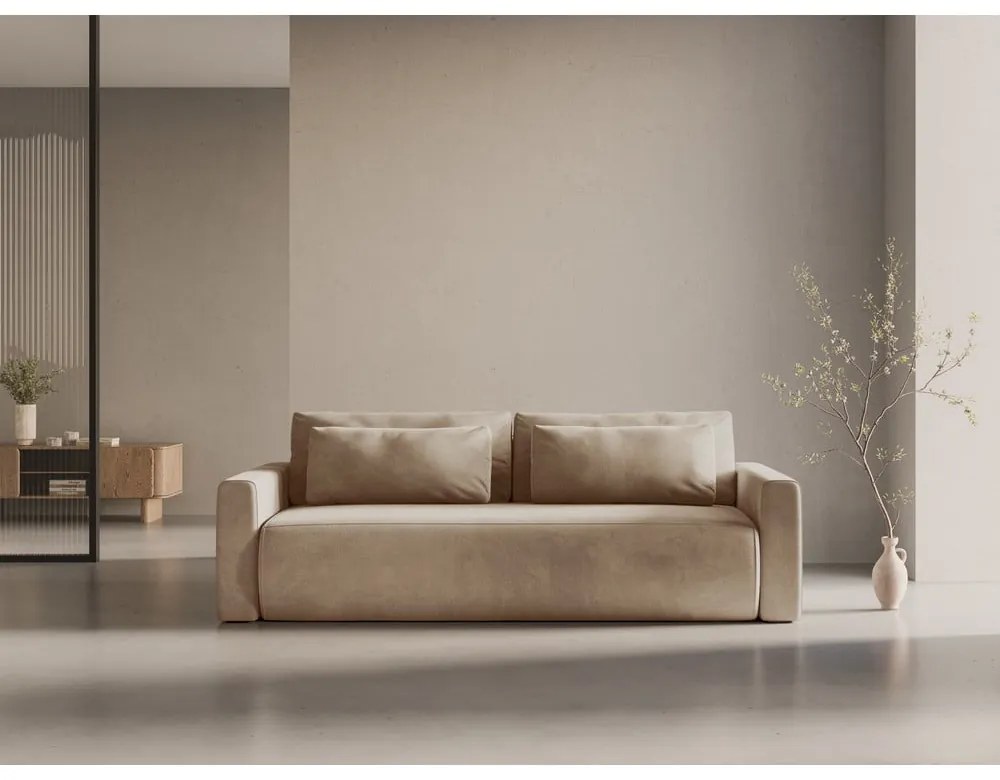 Jasnobrązowa aksamitna rozkładana sofa ze schowkiem 238 cm Belfast – Cosmopolitan Design