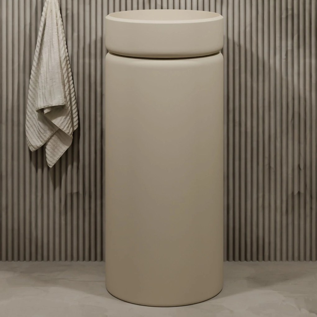 Umywalka z konglomeratu wolnostojąca okrągła beżowa matowa 85 x 40 cm RONA Beige Matt : Podłączenie syfonu - Do podłogi