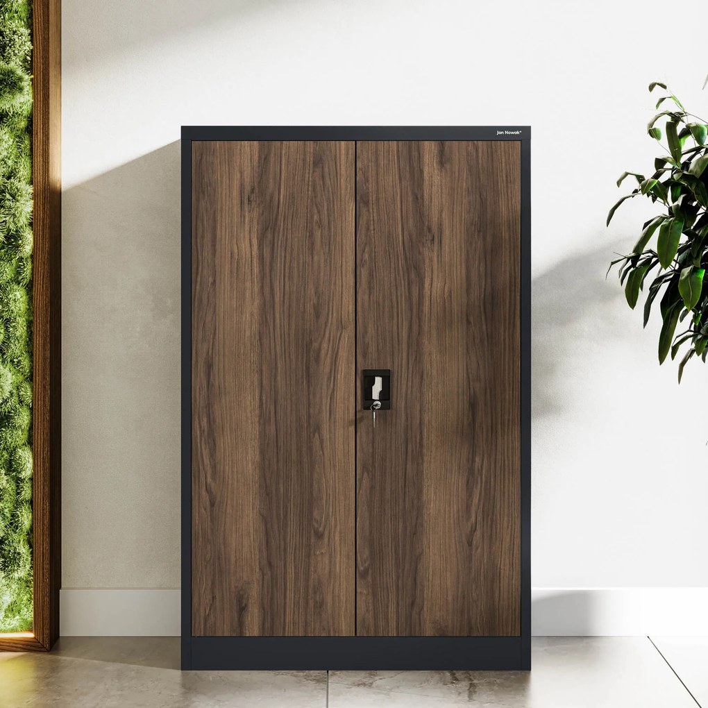 Szafa biurowa metalowa niska z 3 półkami antracytowa/orzech, 900x1400x400 mm: KEVIN Eco Design