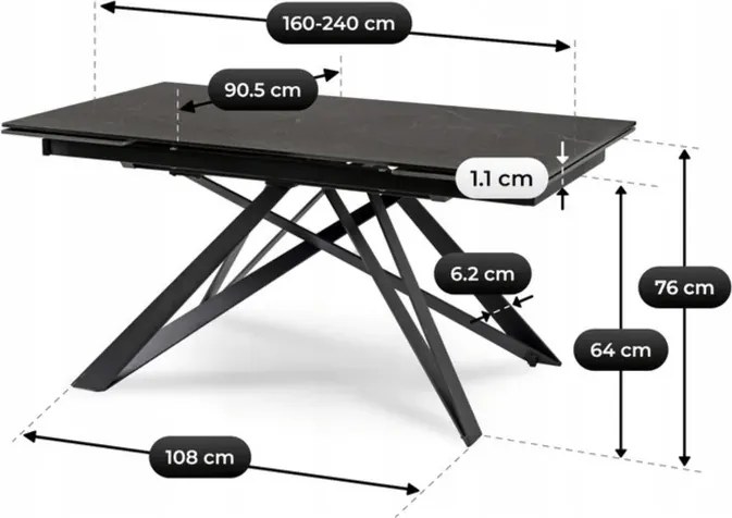 Stół Rozkładany Prostokątny MAXIME 160-240 cm Ceramiczny Czarny Marmur do Jadalni Loft