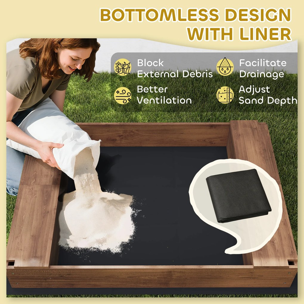 Piaskownica AIYAPLAY, drewniana skrzynia z baldachimem i siatkowymi drzwiami, ławki, ochraniacz podłogi, kolor brązowy