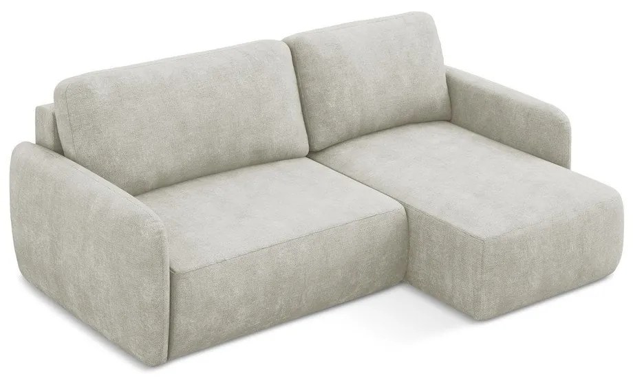 Kremowy narożnik rozkładany z tkaniny szenilowej ze schowkiem (prawostronny/z szezlongiem) Lilo – Makamii