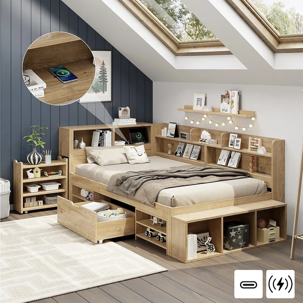 Łóżko dziecięce z pojemnikiem - 90 x 200 cm - z wysuwanymi szufladami nocnymi + półka - sklejka - naturalne