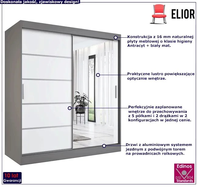 Szafa 180X200 Biały Przesuwna Antracyt + R3-M08