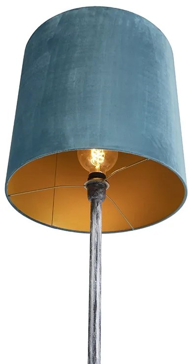 Lampa stojąca antyczny szary z aksamitnym abażurem niebieskim 40 cm - Simplo Retro Oswietlenie wewnetrzne