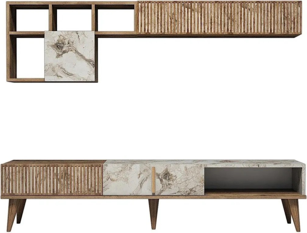 Nowoczesna szafka pod telewizor – 180 cm – Orzech i biel – 100% melamina