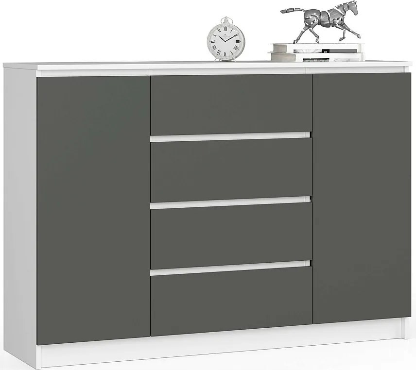 Komoda AKORD K140 Biała 138 cm 2 drzwi 4 szuflady kolor Grafit Szary mat 4 półki 138x40x99 cm