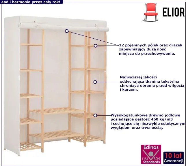 Materiałowa biała szafa z drewnianym stelażem W9-M26