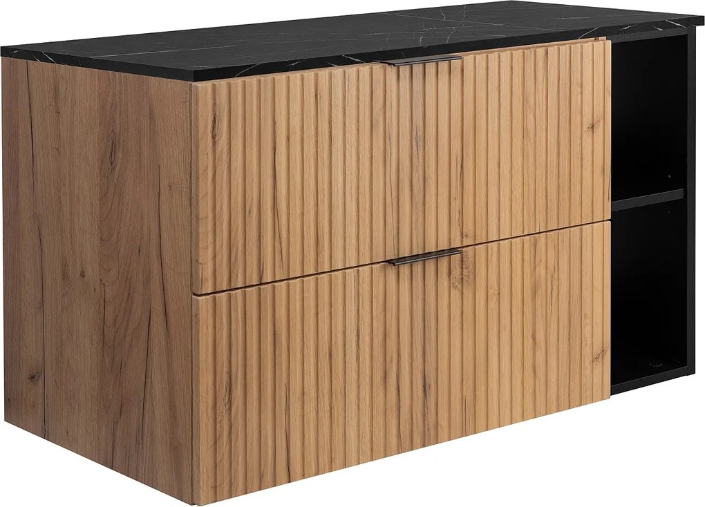 Wandhängender Badezimmerschrank, Eiche Craft / schwarze Marmorplatte (MDF), 100 x 57 x 46 cm