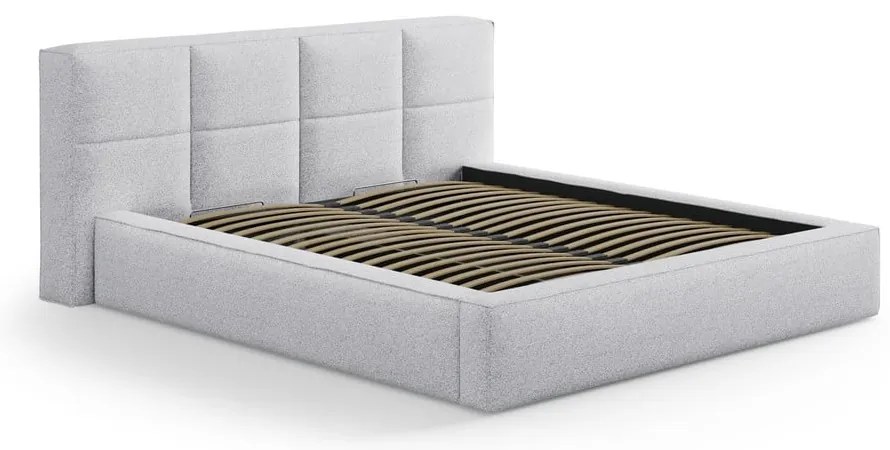 Jasnoszare tapicerowane łóżko dwuosobowe ze schowkiem i stelażem 200x200 cm Simon – Micadoni
