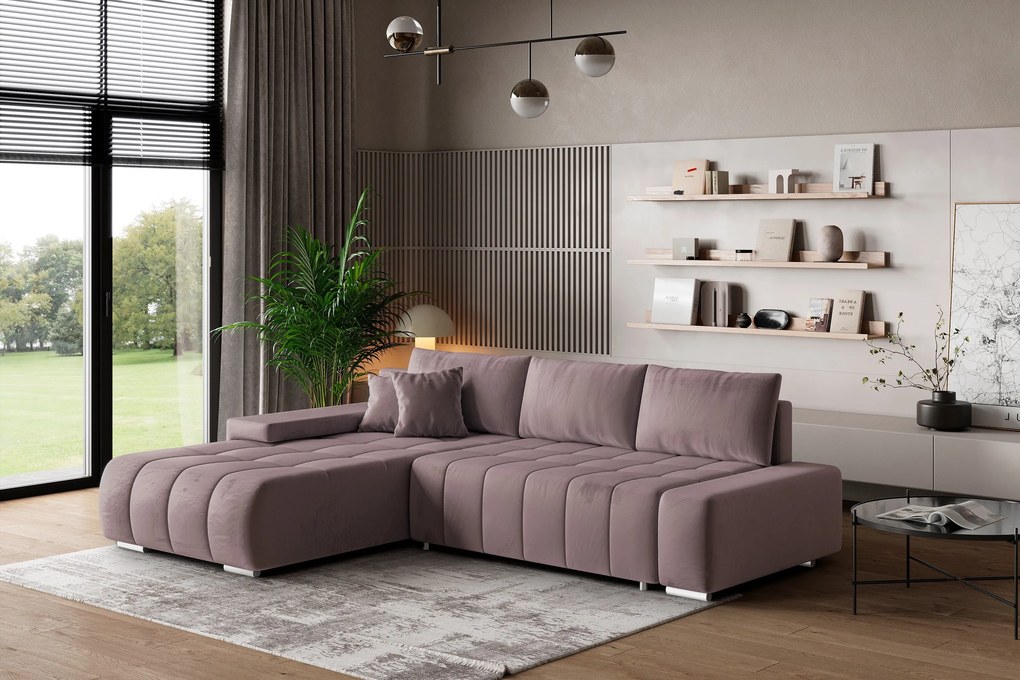 Masseno Narożnik ALESE z funkcją spania i pojemnikiem na pościel Narozniki L, Rozkładana sofa - Wrzosowy, MONOLITH 62