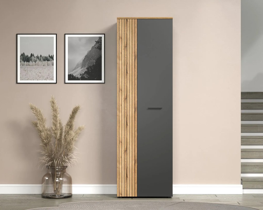 Wąska szafa dwudrzwiowa z półkami grafit + dąb evok T9-N58
