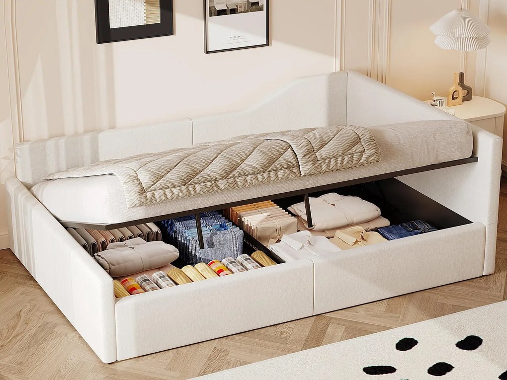 Rozkładana kanapa tapicerowana 140×200 cm - ze schowkiem - z łóżkiem listwowym - MDF+len - beżowa