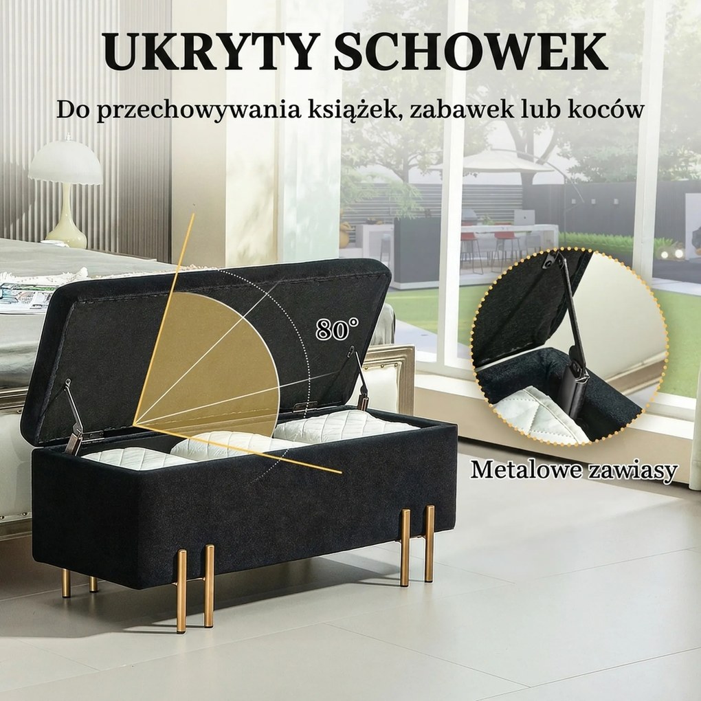 HOMCOM Ławka tapicerowana z miejscem do przechowywania, Metal, Drewno kauczukowe, Pianka, 100 x 40 x 42 cm, Czarny | Aosom PL