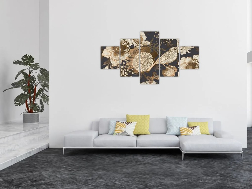 Obraz złotych kwiatów na ciemnym tle (125x70 cm)