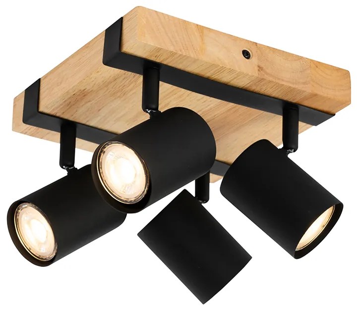 Lampa sufitowa czarna z drewnem 4-punktowa regulowana prostokątna - Jeana