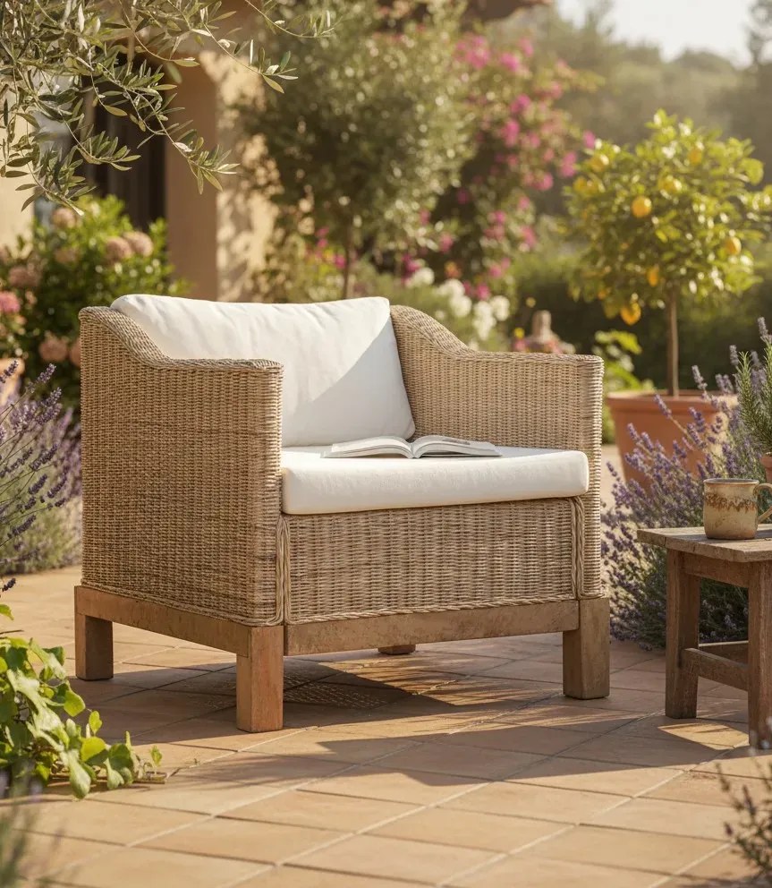 Rattanowy fotel z poduszkami na drewnianej ramie S8-A70