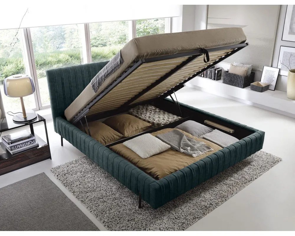 Morskie tapicerowane łóżko dwuosobowe ze schowkiem ze stelażem 140x200 cm Plissa – ELTAP